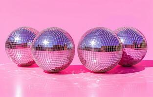 ai gerado quatro Rosa discoteca bolas em uma Rosa fundo, pop informação, espelhado, felizcore, foto