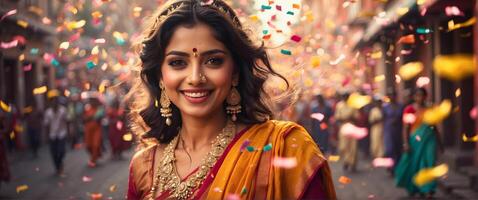 ai gerado retrato do lindo indiano mulher sorridente dentro tradicional roupas, a comemorar dentro a rua, hindu festivo conceito fundo foto