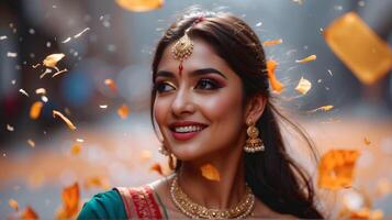 ai gerado retrato do lindo indiano mulher sorridente dentro tradicional roupas, a comemorar dentro a rua, hindu festivo conceito fundo foto