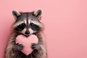 ai gerado fofa feliz guaxinim segurando recheado coração forma dentro mãos isolado em pastel Rosa fundo, cópia de espaço foto