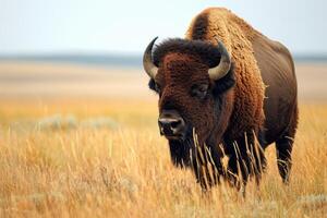 ai gerado selvagem americano búfalo touro em pé dentro gramíneo pradaria. foto