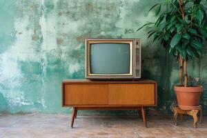 ai gerado vintage televisão contra retro muro. foto