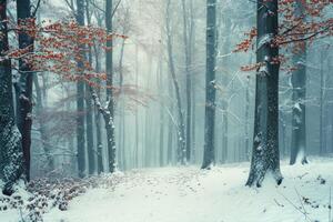 ai gerado sonhadores inverno floresta dentro a névoa. atmosférico humor. foto