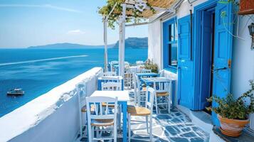 ai gerado grego cultura com tradicional branco e azul grego arquitetura, taverna de a mar foto