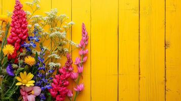 ai gerado colorida fresco Primavera flores em amarelo de madeira fundo, cópia de espaço foto