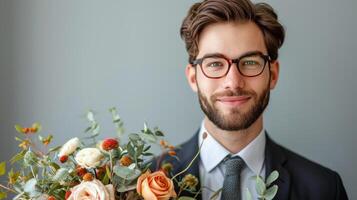 ai gerado bonito o negócio homem com flor ramalhete em minimalista fundo com cópia de espaço foto