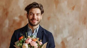 ai gerado bonito homem de negocios com flor ramalhete em minimalista fundo com cópia de espaço foto