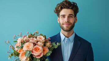 ai gerado bonito o negócio homem com flor ramalhete em minimalista vívido fundo com cópia de espaço foto