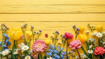 ai gerado colorida fresco Primavera flores em amarelo de madeira fundo, cópia de espaço foto