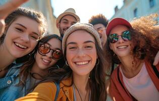 ai gerado grupo selfie entre jovem pessoas foto