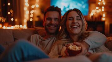 ai gerado feliz casal abraço, vinculo e gastos relaxar tarde juntos dentro casa cinema foto