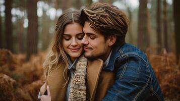 ai gerado casal é abraçando e sentado fechar dentro a floresta foto