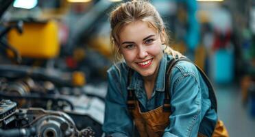 ai gerado fêmea mecânico sorridente enquanto trabalhando em uma carro foto