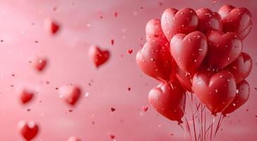 ai gerado vermelho balões com muitos corações em uma Rosa fundo foto