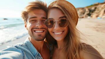 ai gerado jovem feliz homem se beijando e abraçando lindo mulher enquanto levando selfie foto em ensolarado de praia