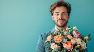 ai gerado bonito o negócio homem com flor ramalhete em minimalista fundo com cópia de espaço foto