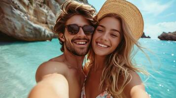 ai gerado jovem feliz homem se beijando e abraçando lindo mulher enquanto levando selfie foto em ensolarado de praia