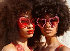 ai gerado Preto mulheres com grandes afros vestindo vermelho coração em forma oculos de sol foto