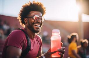 ai gerado uma sorridente atleta é segurando uma Esportes beber foto