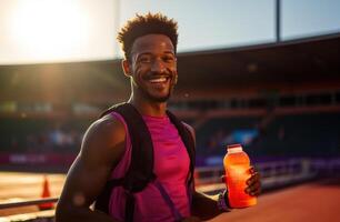 ai gerado uma sorridente atleta é segurando uma Esportes beber foto