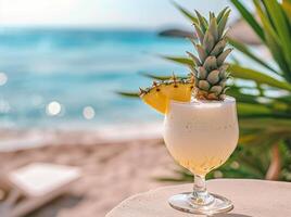 ai gerado uma branco beber com abacaxi dentro isto em uma mesa perto a de praia foto