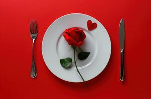 ai gerado uma branco prato com vermelho rosa, garfo, faca e uma coração em forma prato em vermelho fundo foto