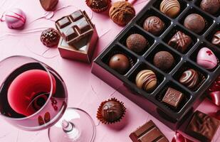 ai gerado chocolates, vinho e caixa do chocolates em Rosa fundo foto