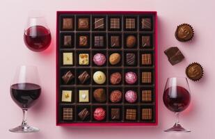 ai gerado chocolates, vinho e caixa do chocolates em Rosa fundo foto