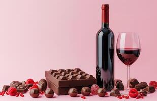 ai gerado chocolates, vinho e caixa do chocolates em Rosa fundo foto