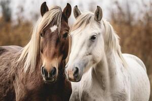 ai gerado Castanho e cinzento cavalos retrato foto