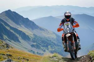 ai gerado a equipado motociclista faz uma raça dentro uma montanhoso panorama. a conceito do desporto motorizado foto