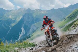 ai gerado a equipado motociclista faz uma raça dentro uma montanhoso panorama. a conceito do desporto motorizado foto