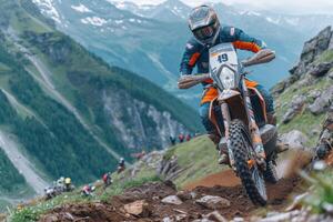 ai gerado a equipado motociclista faz uma raça dentro uma montanhoso panorama. a conceito do desporto motorizado foto