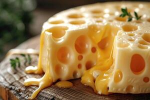 ai gerado delicioso fresco queijo com buracos em a cozinha borda foto