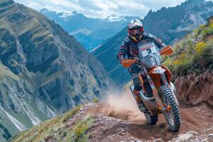 ai gerado a equipado motociclista faz uma raça dentro uma montanhoso panorama. a conceito do desporto motorizado foto