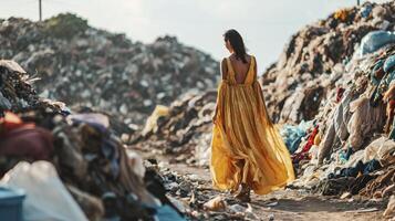 ai gerado mulher dentro moda vestir em a ampla pilha pilha do têxtil tecido roupas e sapato. global clima mudar, moda indústria poluição, sustentabilidade e reuso conceito foto