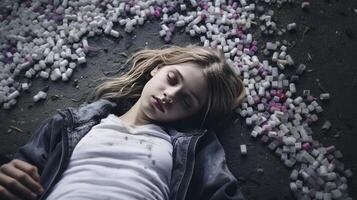 ai gerado jovem menina viciado para opiáceos deitado em a rua - moderno fentanil epidemia conceito foto