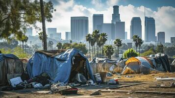 ai gerado refugiado acampamento abrigo para sem teto dentro frente do los angeles cidade Horizonte foto