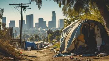 ai gerado refugiado acampamento abrigo para sem teto dentro frente do los angeles cidade Horizonte foto