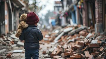 ai gerado irreconhecível criança afetado de guerra, criança com Urso de pelúcia Urso sozinho dentro a meio do tremor de terra ou bombear explosão destruição, triste pequeno Garoto dentro destruído cidade foto