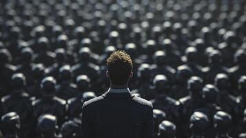 ai gerado uma homem dentro o negócio traje, em pé com uma Veja do quieto resolver no meio uma mar do sem rosto, uniforme figuras. individualidade versus conformidade conceito foto