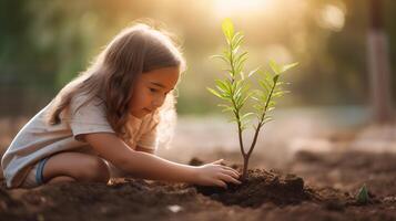 ai gerado pequeno menina cuidadosamente plantas árvore rebento dentro terra do luz solar jardim criando comovente cena foto