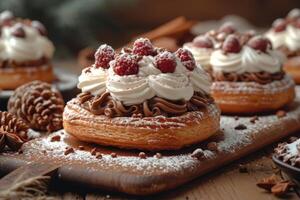 ai gerado delicioso sobremesa mesa doce Barra em uma festivo mesa com vários doces, bolos foto