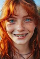 ai gerado retrato do uma jovem ruivo mulher com suspensórios em dela dentes em uma rua fundo. grandes encaracolado vermelho cabelo foto