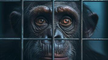 ai gerado chimpanzé dentro jaula. conceito do guardando animais dentro cativeiro Onde elas sofrer. prisioneiro. foto