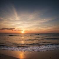 ai gerado uma pôr do sol sobre a oceano com ondas e areia foto