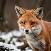 ai gerado uma vermelho Raposa carrinhos dentro a neve foto