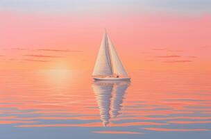 ai gerado pôr do sol luz refletindo em uma barco a vela foto