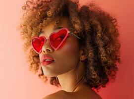 ai gerado mulher com uma cabelos cacheados face vestindo vermelho coração em forma oculos de sol foto