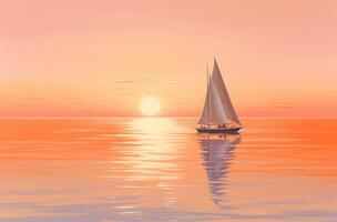 ai gerado pôr do sol luz refletindo em uma barco a vela foto